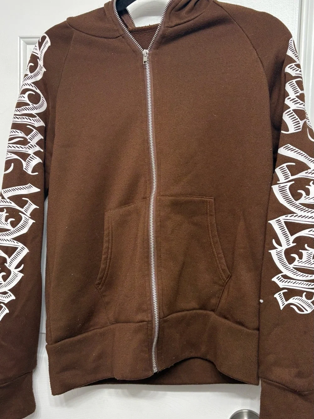 Men's Brown Zip-Up Hoodie with White Sleeve Graphics